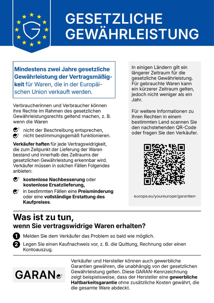 EU-Hinweis: Gesetzliche Gewährleistung, mindestens zwei Jahre